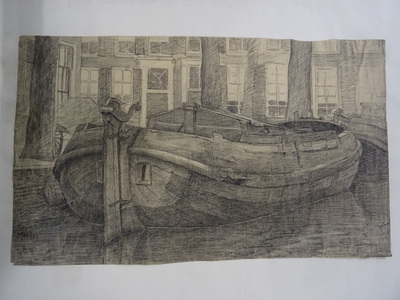 2001-0035-HHI a.jpg; 2001-0035-HHI; Tekening van een boot aan de kade.; tekeningen